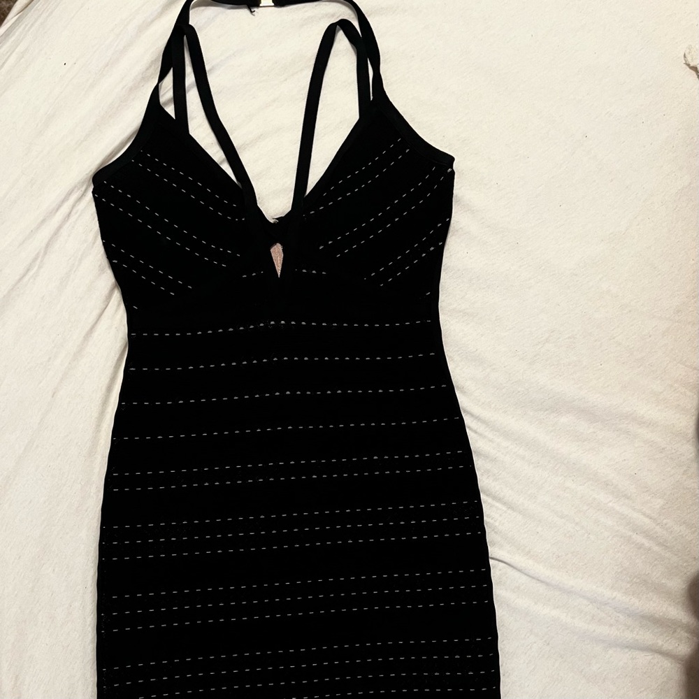 Herve Ledger | Lauren Bandage Dress | Black Plaited Geometric Lace Plunge